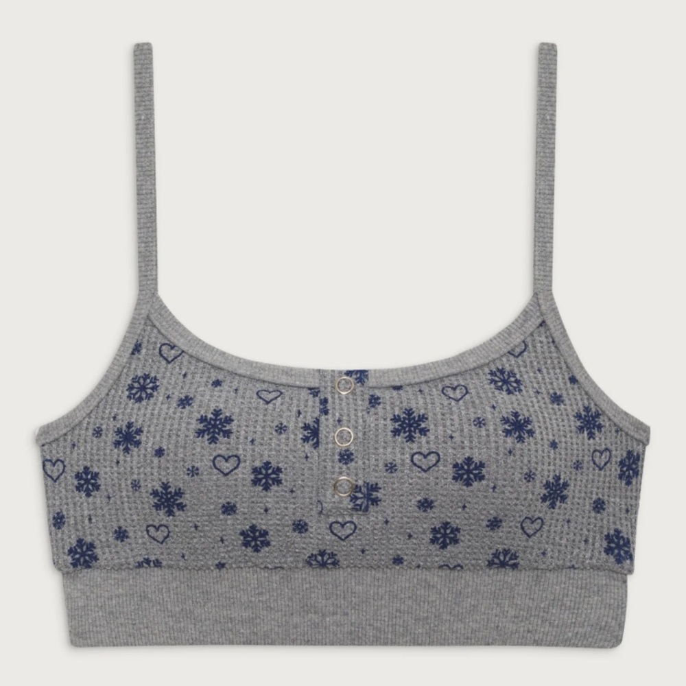 Frankies Apres Ski Grey Ribbed Knit Bralette with Navy Snowflake Print